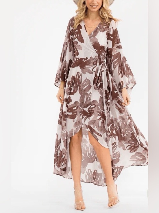Dresses & Skirts - 0220. Brown Floral Wrap Maxi Dress - Women's V-Neck Tie Waist
